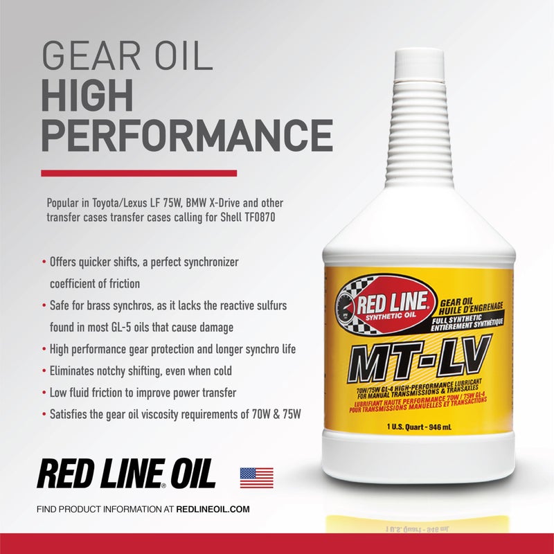 Red Line زيت تشحيم جير كامل صناعي عالي الأداء Red Line 50604 MT-LV 70W/75W GL-4 لنقل الحركة اليدوية وناقل الحركة - 1 كوارت - Image 5
